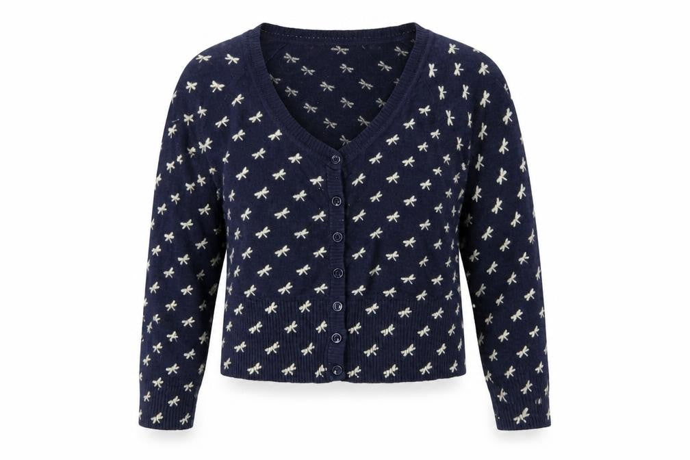 Mango Women Navy Blue Bow Knit Cardigan Jumper Size M V-Neck