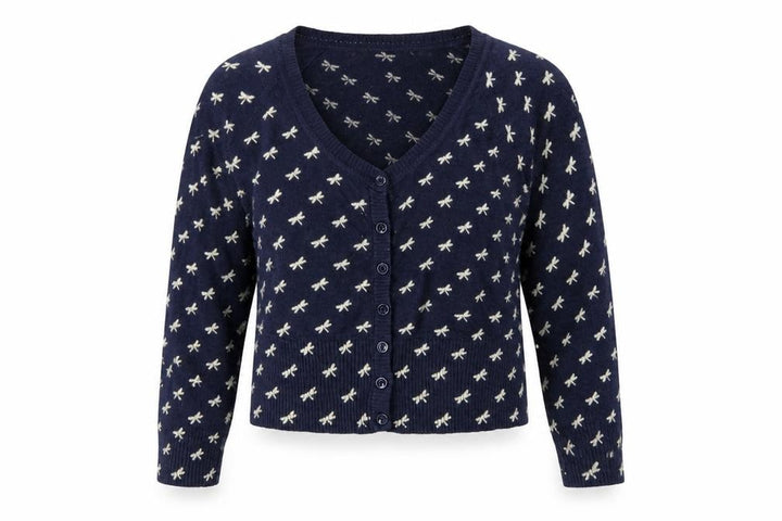 Mango Women Navy Blue Bow Knit Cardigan Jumper Size M V-Neck