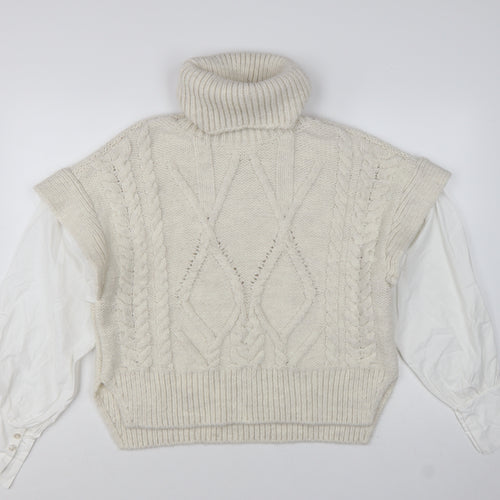 Topshop Women Ivory Cable-Knit Roll Neck Sleeveless Jumper M