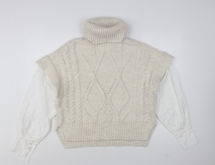 Topshop Women Ivory Cable-Knit Roll Neck Sleeveless Jumper M
