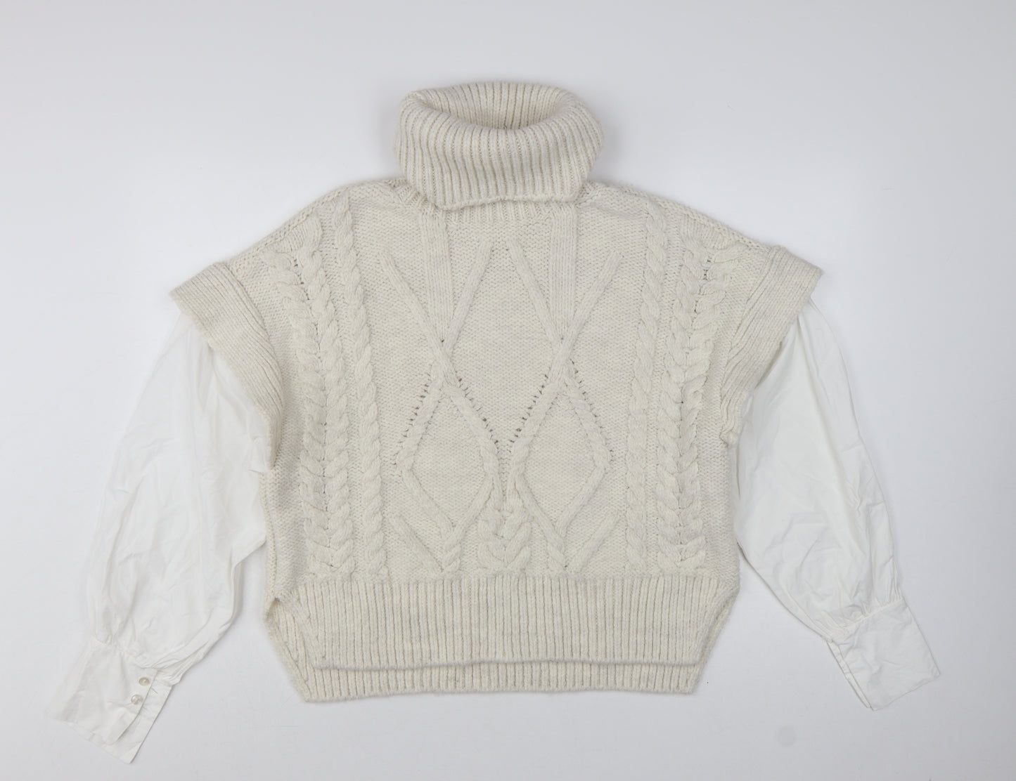Topshop Women Ivory Cable-Knit Roll Neck Sleeveless Jumper M