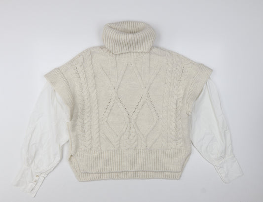 Topshop Women Ivory Cable-Knit Roll Neck Sleeveless Jumper M