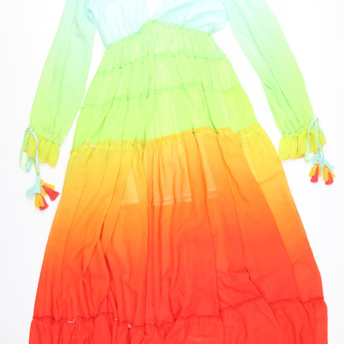 F&P Womens Multicoloured Midi Maxi Dress S Boho Tassel Long Sleeve V-Neck