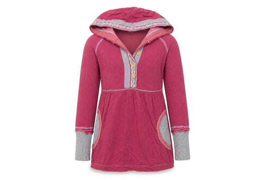Front view of FatFace girls’ pink cotton hooded tunic jumper 6-7 years