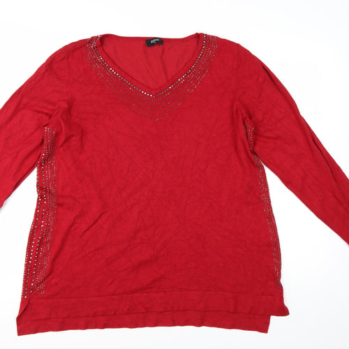 Klass Women Red 2XL V-Neck Rhinestone Long Sleeve Pullover Jumper