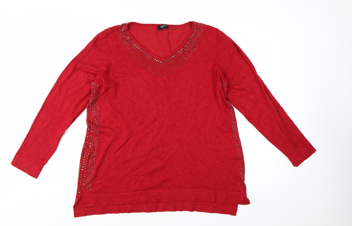 Klass Women Red 2XL V-Neck Rhinestone Long Sleeve Pullover Jumper