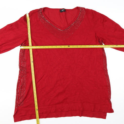Klass Women Red 2XL V-Neck Rhinestone Long Sleeve Pullover Jumper
