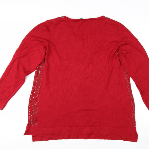 Klass Women Red 2XL V-Neck Rhinestone Long Sleeve Pullover Jumper