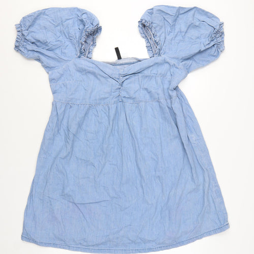 H&M Divided Women’s Blue Chambray A-Line Puff Sleeve Dress Size 18
