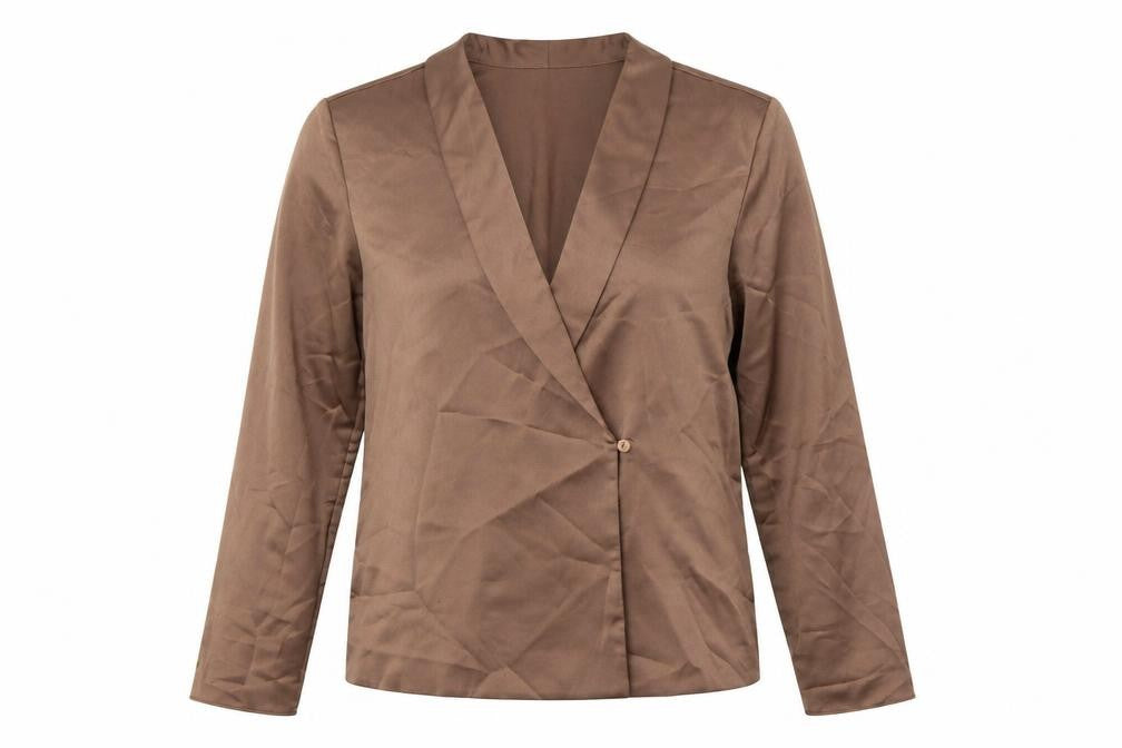 Front view of Marks & Spencer Women Brown Wrap Blouse, size 8, Long Sleeve