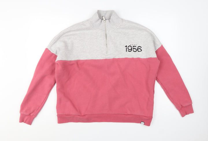 Superdry Women Grey Pink 1/4 Zip Sweatshirt Size 8 Cotton Blend