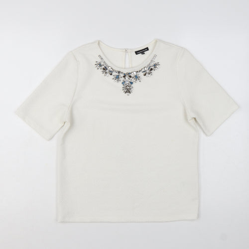 Warehouse Women Ivory Beaded Short Sleeve Blouse UK 10