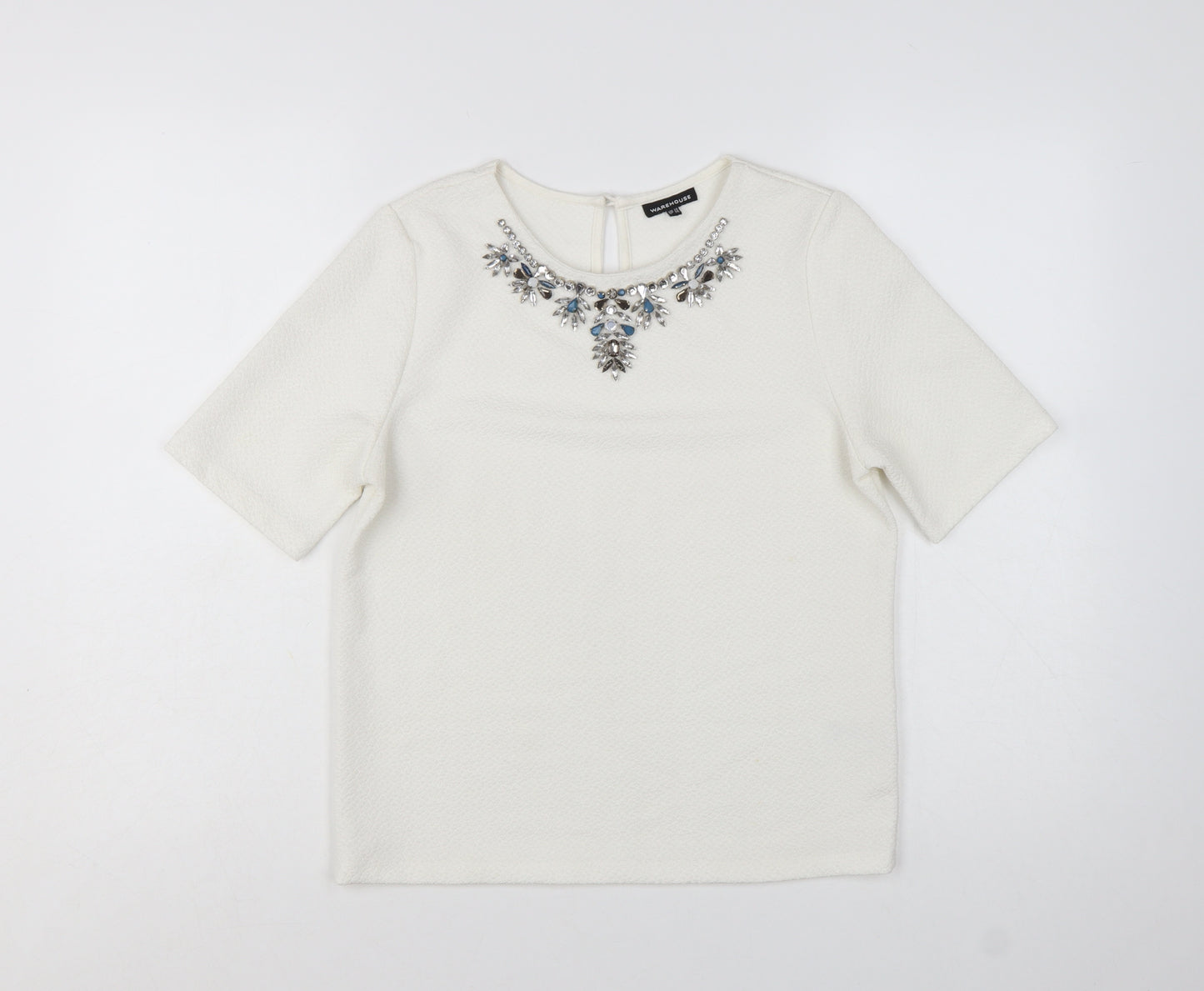 Warehouse Women Ivory Beaded Short Sleeve Blouse UK 10