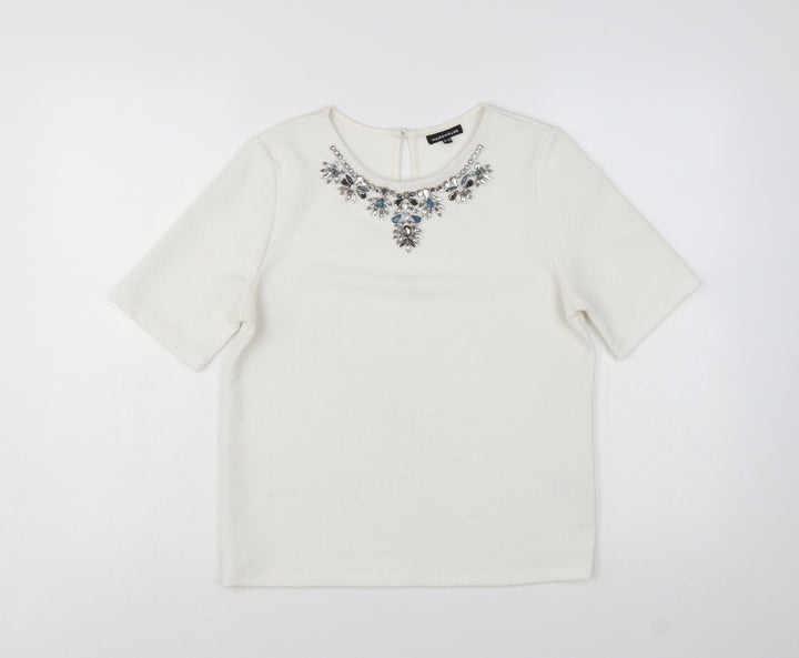 Warehouse Women Ivory Beaded Short Sleeve Blouse UK 10