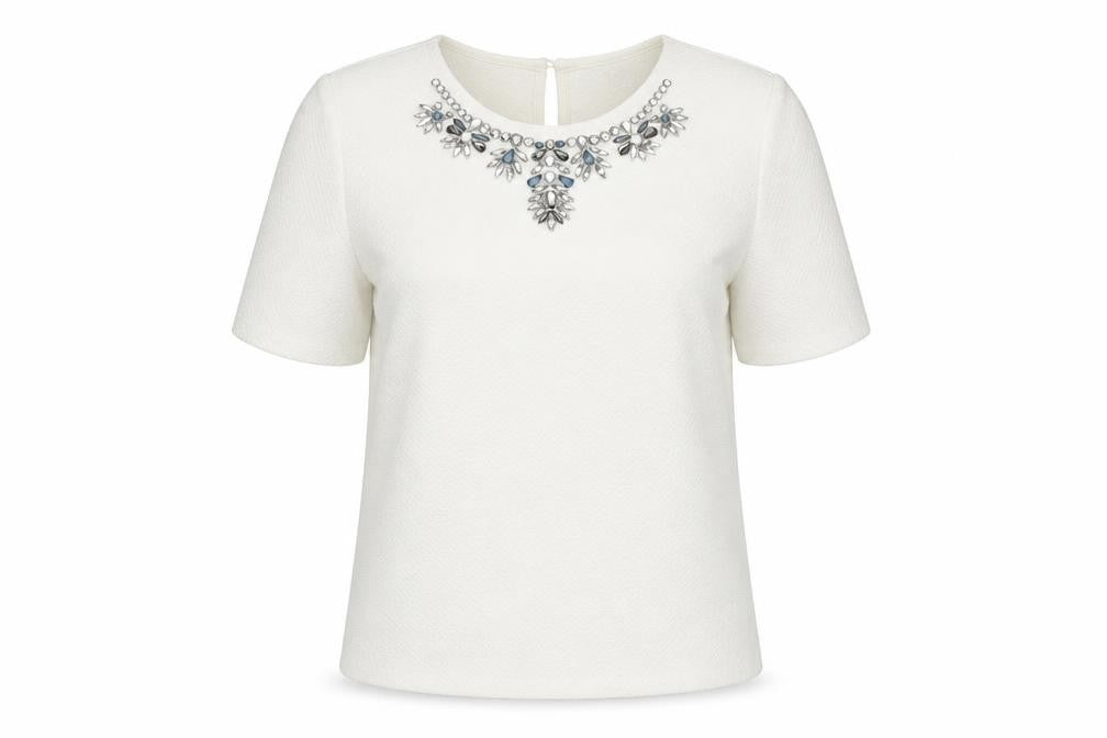 Front view of Warehouse Women Ivory Beaded Short Sleeve Blouse UK 10