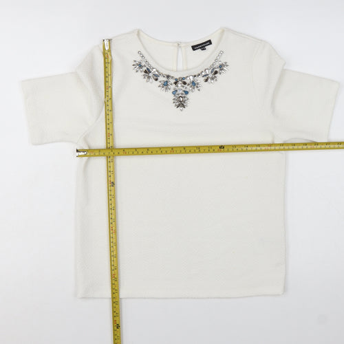 Warehouse Women Ivory Beaded Short Sleeve Blouse UK 10