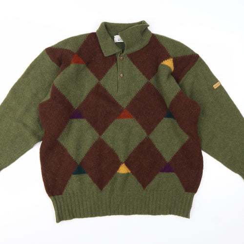 Pringle of Scotland Men's Green Argyle Wool Henley Jumper M