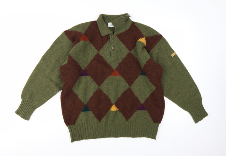 Pringle of Scotland Men's Green Argyle Wool Henley Jumper M