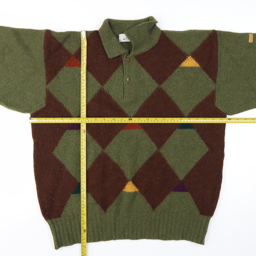 Pringle of Scotland Men's Green Argyle Wool Henley Jumper M