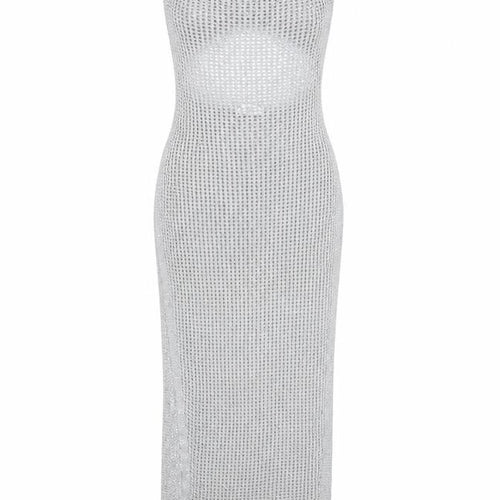 Meshki Women Silver Sequin Knit Long Slip Dress XS