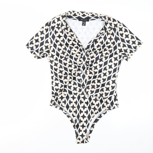 New Look Women's Black Geometric Collared Bodysuit Size 10