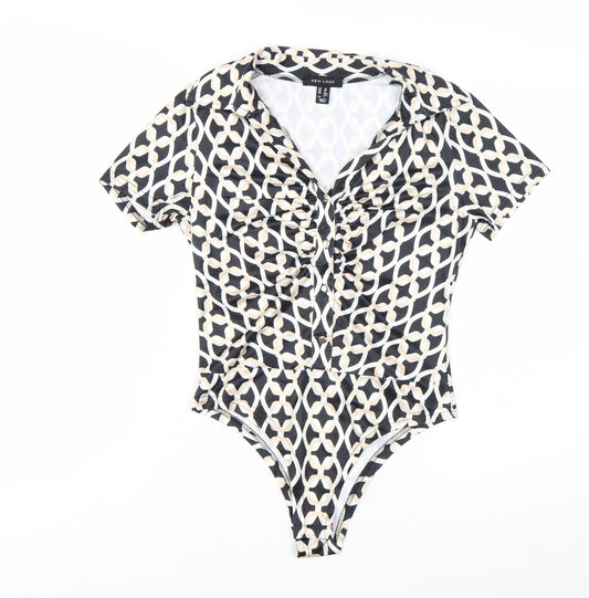 New Look Women's Black Geometric Collared Bodysuit Size 10