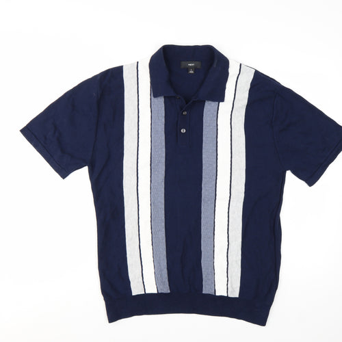 Next Men's Blue Striped Cotton Polo Shirt Size L Short Sleeve