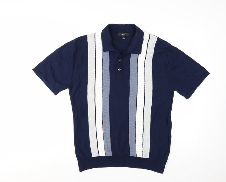 Next Men's Blue Striped Cotton Polo Shirt Size L Short Sleeve