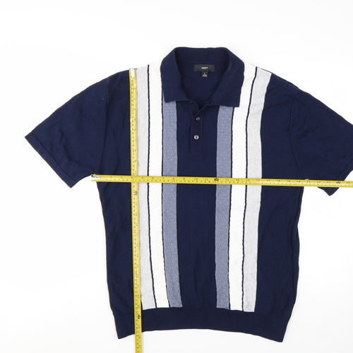 Next Men's Blue Striped Cotton Polo Shirt Size L Short Sleeve