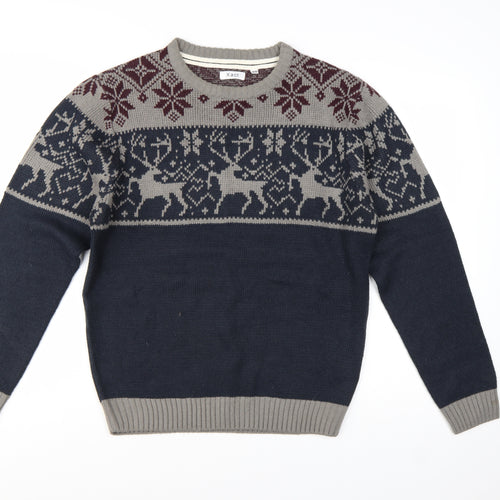 Xact Men's Blue Grey Fair Isle Reindeer Crew Neck Acrylic Jumper M