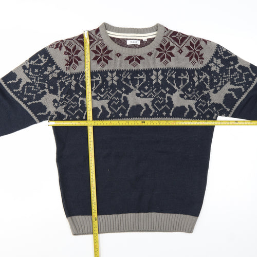 Xact Men's Blue Grey Fair Isle Reindeer Crew Neck Acrylic Jumper M