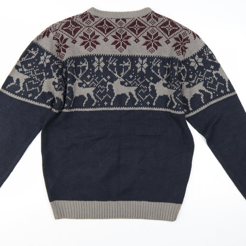Xact Men's Blue Grey Fair Isle Reindeer Crew Neck Acrylic Jumper M