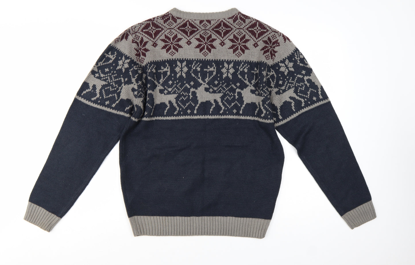 Xact Men's Blue Grey Fair Isle Reindeer Crew Neck Acrylic Jumper M