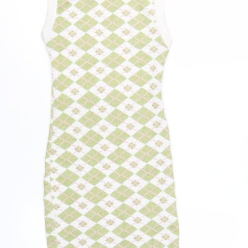 Bershka Women Green Argyle Knit Bodycon Sleeveless Dress XS