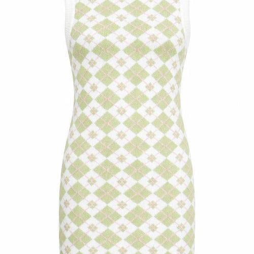 Bershka Women Green Argyle Knit Bodycon Sleeveless Dress XS