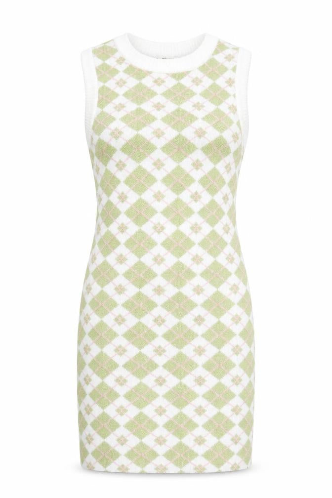 Bershka Women Green Argyle Knit Bodycon Sleeveless Dress XS