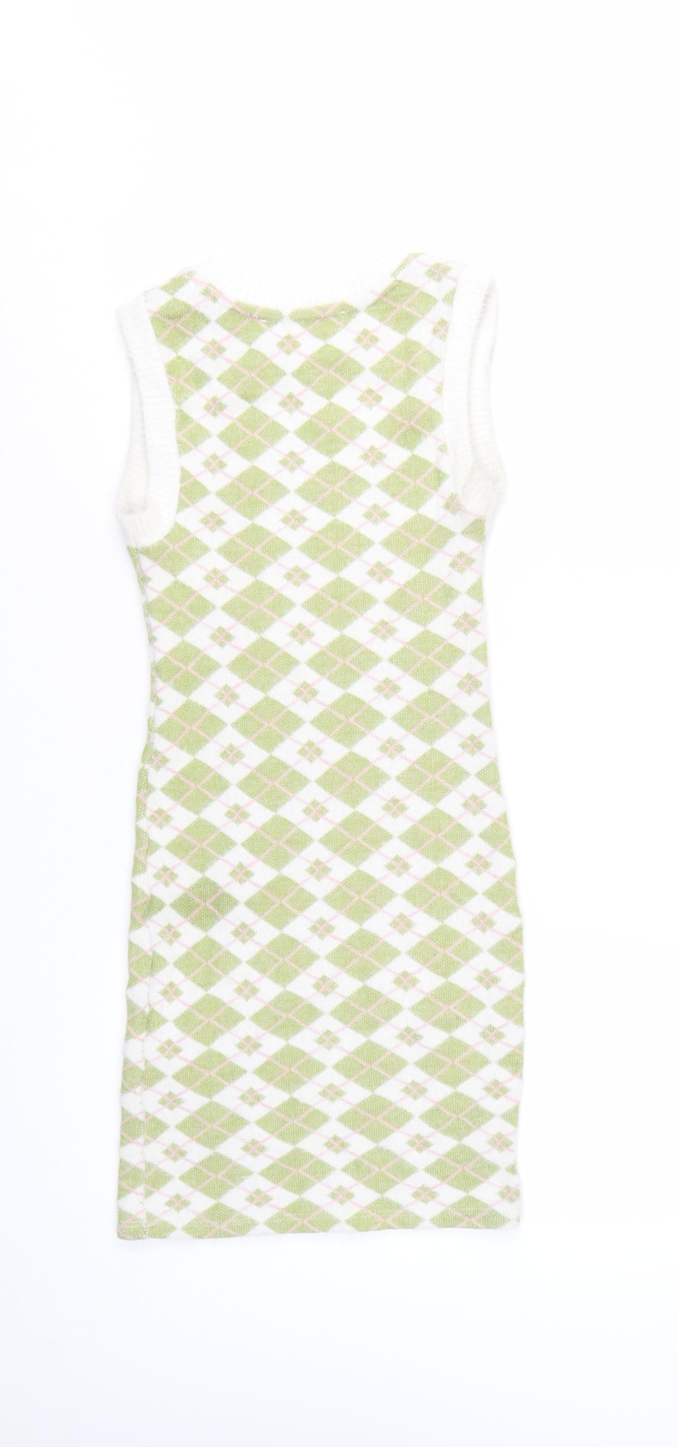 Bershka Women Green Argyle Knit Bodycon Sleeveless Dress XS