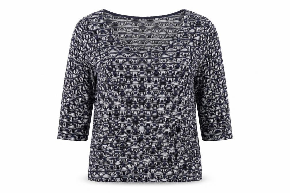 Front view of Marks & Spencer Women’s Blue Geometric Jersey Top, size UK 16