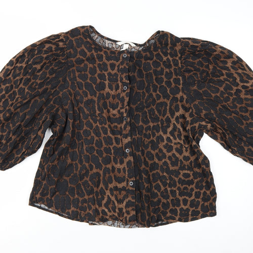 H&M Women’s Brown Leopard Print Linen Blend Puff Sleeve Blouse Size 14