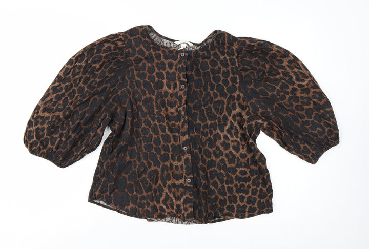 H&M Women’s Brown Leopard Print Linen Blend Puff Sleeve Blouse Size 14