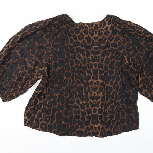 H&M Women’s Brown Leopard Print Linen Blend Puff Sleeve Blouse Size 14