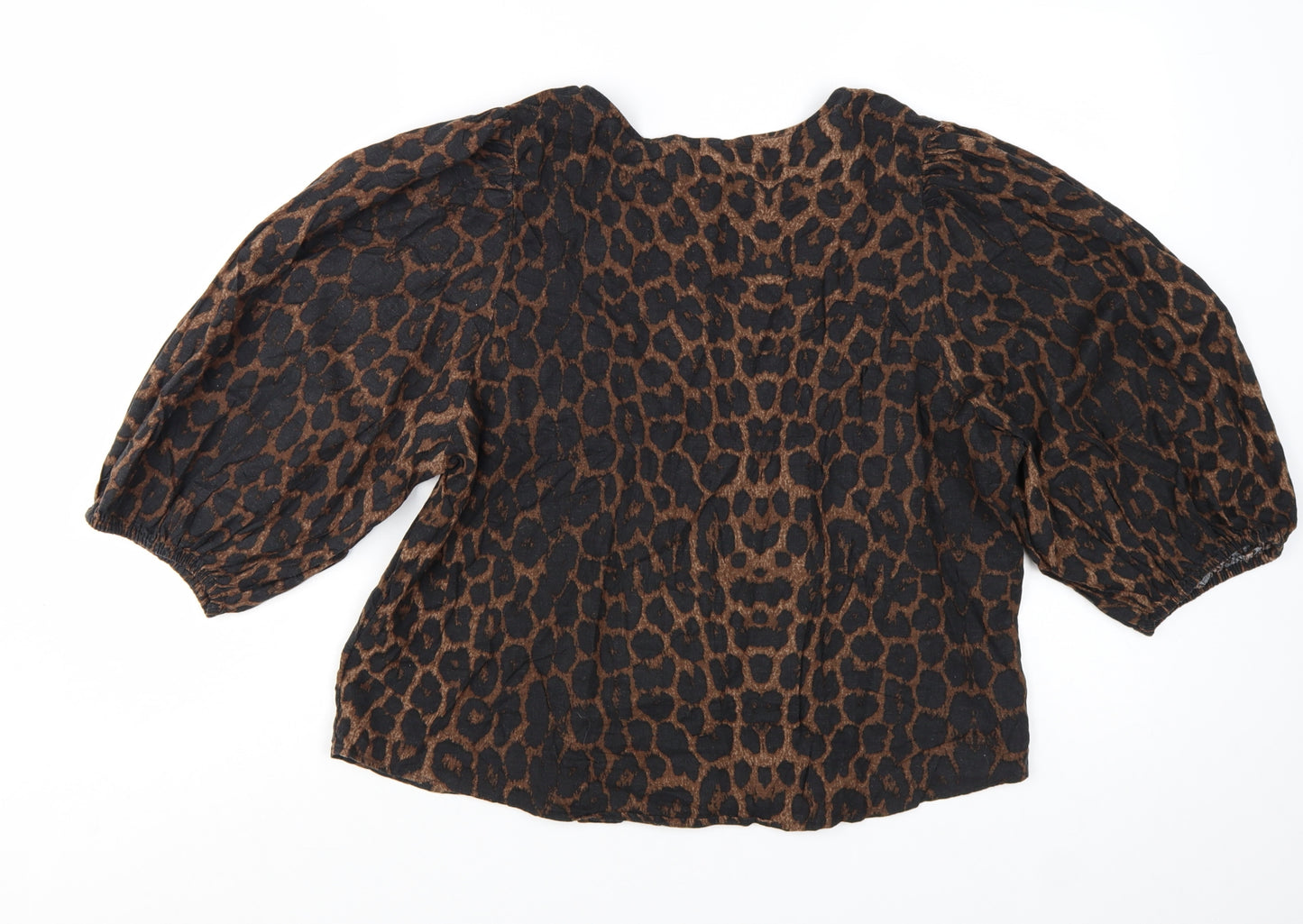 H&M Women’s Brown Leopard Print Linen Blend Puff Sleeve Blouse Size 14