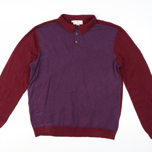 2nd Chapter Men's Red Cotton Collared Henley Jumper XL Long Sleeve Knit