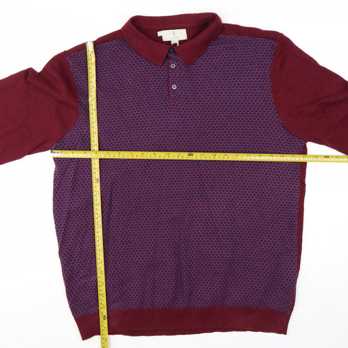 2nd Chapter Men's Red Cotton Collared Henley Jumper XL Long Sleeve Knit