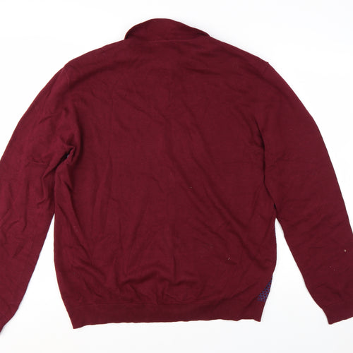 2nd Chapter Men's Red Cotton Collared Henley Jumper XL Long Sleeve Knit