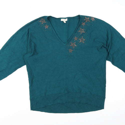 Monsoon Womens Green V-Neck Star Rhinestone Pullover Jumper Size M