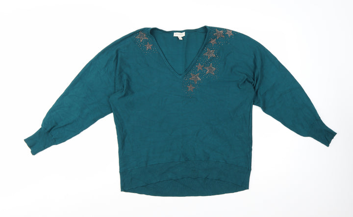 Monsoon Womens Green V-Neck Star Rhinestone Pullover Jumper Size M