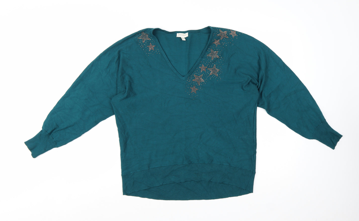 Monsoon Womens Green V-Neck Star Rhinestone Pullover Jumper Size M