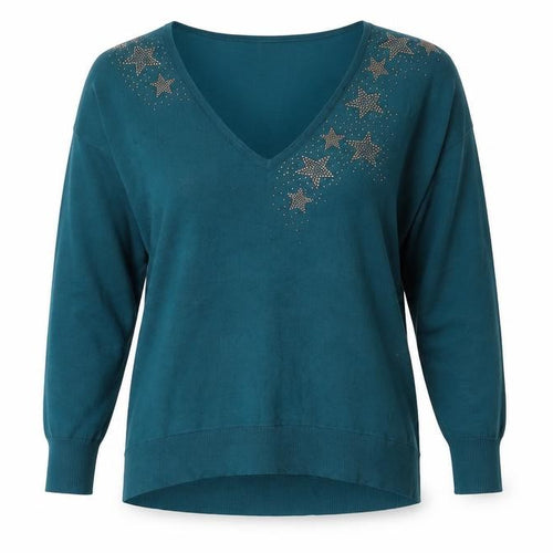 Monsoon Womens Green V-Neck Star Rhinestone Pullover Jumper Size M