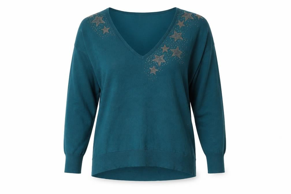 Monsoon Womens Green V-Neck Star Rhinestone Pullover Jumper Size M
